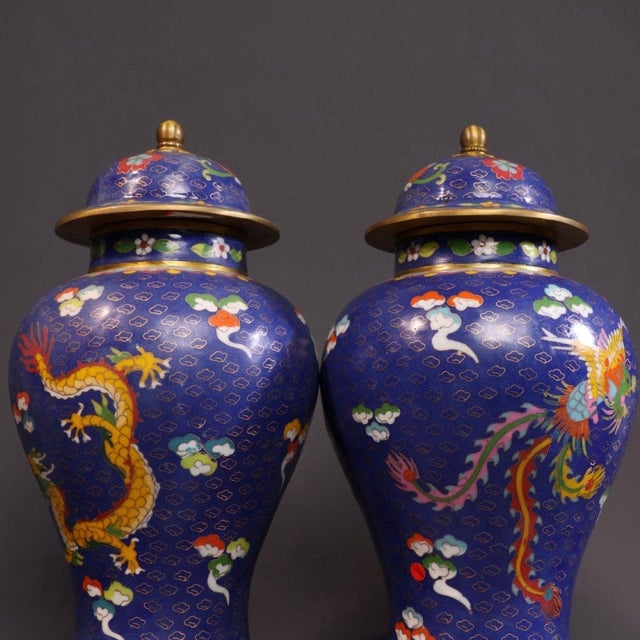 Metal Pair of Vintage Chinese Blue Cloisonné "Dragon & Phoenix" Covered Jars For Sale - Image 7 of 10