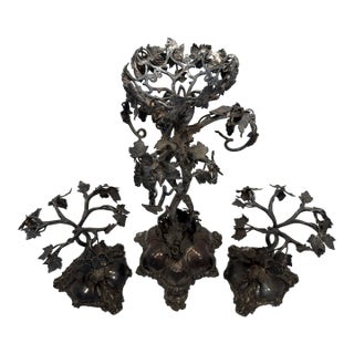 Thomas Bradbury & Sons Antique Victorian Rococo Revival 3-Piece Candelabra Set - Ornate Grape Vine & Leaf Motif Centerpiece, Late 19th Century For Sale