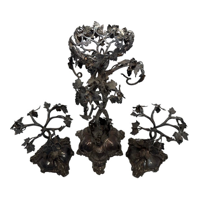 Thomas Bradbury & Sons Antique Victorian Rococo Revival 3-Piece Candelabra Set - Ornate Grape Vine & Leaf Motif Centerpiece, Late 19th Century For Sale