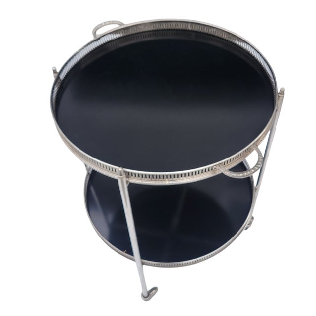 French French Hollywood Regency Nickel Bar Cart With Black Formica Trays – Mid Century 2-Tier Trolley For Sale - Image 3 of 11