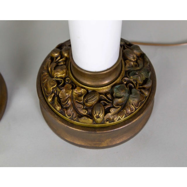 Hollywood Regency 1940s Large Custom Milk Glass Table Lamps With Brass Foliate Bases by Paul Hanson Co. For Sale - Image 3 of 9