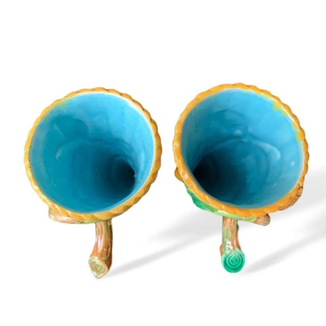 George Jones Majolica Vases White Wicker, Turquoise Lined, English, 1875 - a Pair For Sale - Image 6 of 13