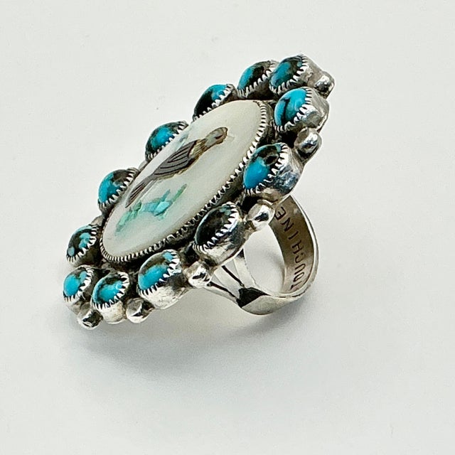 Metal 1970s Vintage Southwestern Dine Navajo Ben Touchine Sterling & Turquoise Cocktail Ring - Size 8.5 For Sale - Image 7 of 12