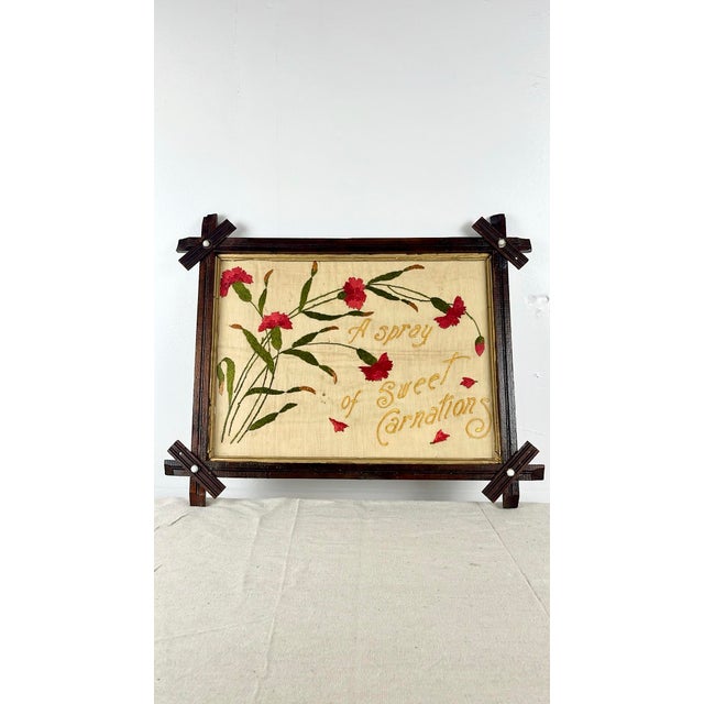 Victorian Antique Victorian Carnation Floral Motto Embroidery For Sale - Image 3 of 12
