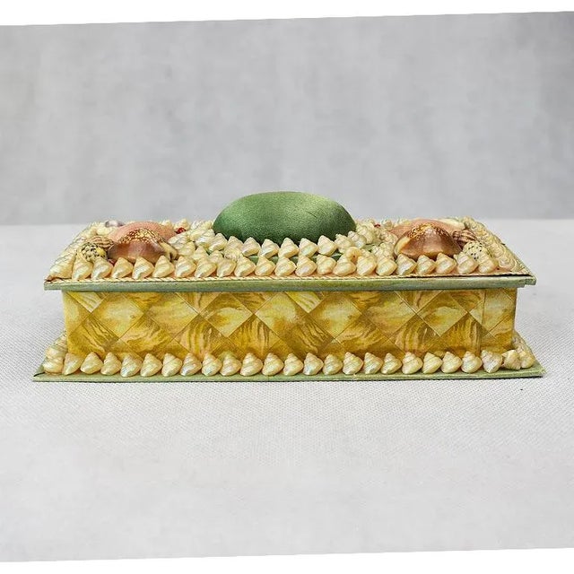 Shell Encrusted Rectangular Keepsake Box With Green Silk Lid For Sale In Oklahoma City - Image 6 of 7