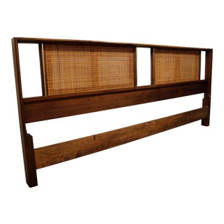 Mid-Century Danish Modern John Stuart Caned Brass Walnut King Size Headboard For Sale