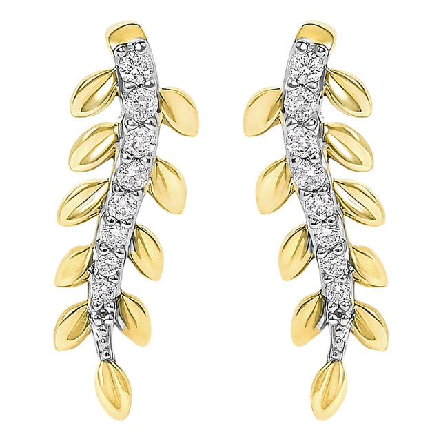 14K Yellow Gold 1/10 Cttw Diamond Leaf Drop Stud Earrings, Pair For Sale