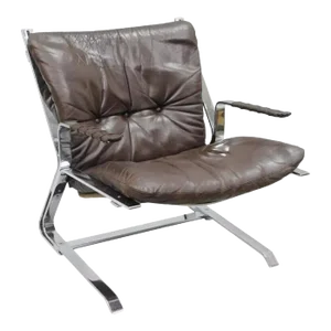 Mid 20th Century Pirate Brown Leather & Chrome Lounge Chair in the Style of Elsa & Nordahl Solheim for Rykkin
