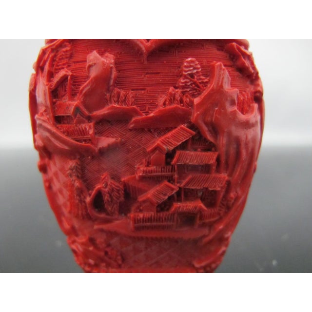Vintage Chinese Carved Red Cinnabar Lacquer Village Scene Snuff Bottle For Sale In Portland, OR - Image 6 of 11