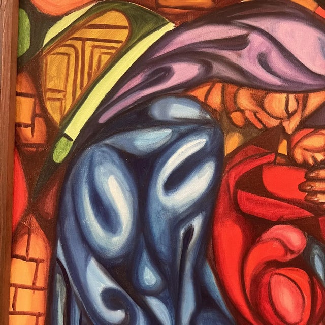 Mid Century Modern Oil Painting on Canvas by Dominican Artist, Julio Susana. Features a depiction of vibrantly colored...