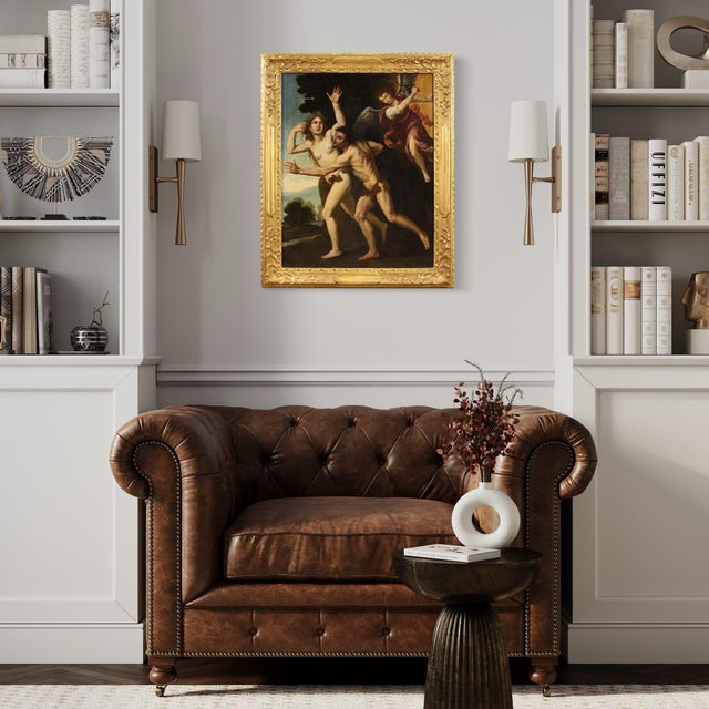 Rare 17th century Italian painting. Oil on canvas artwork depicting the expulsion of Adam and Eve from the Garden of Eden,...