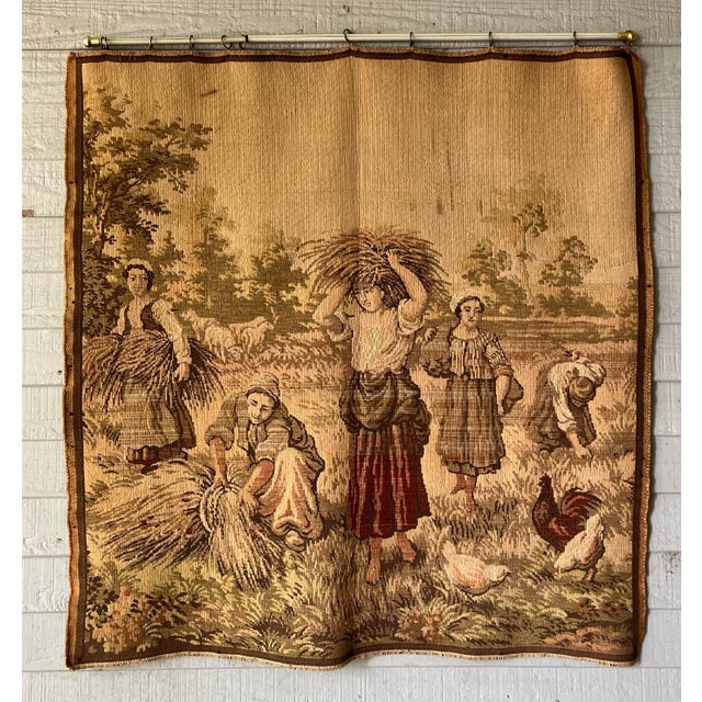 Farmhouse Vintage French Medieval-Style Farmhouse Wheat Harvest Square Wall Tapestry For Sale - Image 3 of 12