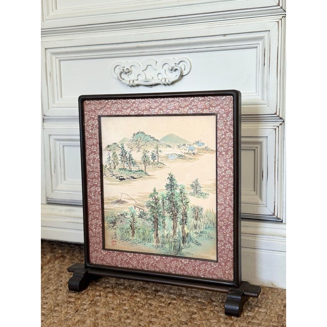 1960s Asian Hand-Painted Landscape Tabletop Screen | Traditional Oriental Desk Decor For Sale - Image 10 of 11