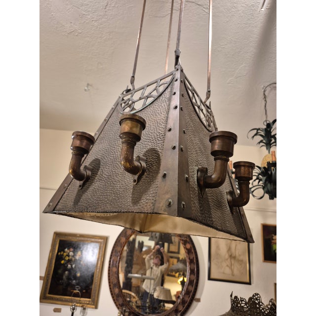 Art Nouveau Antique English Arts and Crafts or Steampunk Copper Light Fixture or Chandilier For Sale - Image 3 of 5