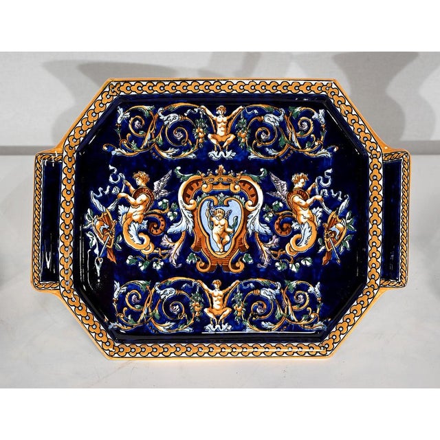 Antique Renaissance Style Tray and Vases in Gien Earthenware, Set of 3 For Sale - Image 3 of 18