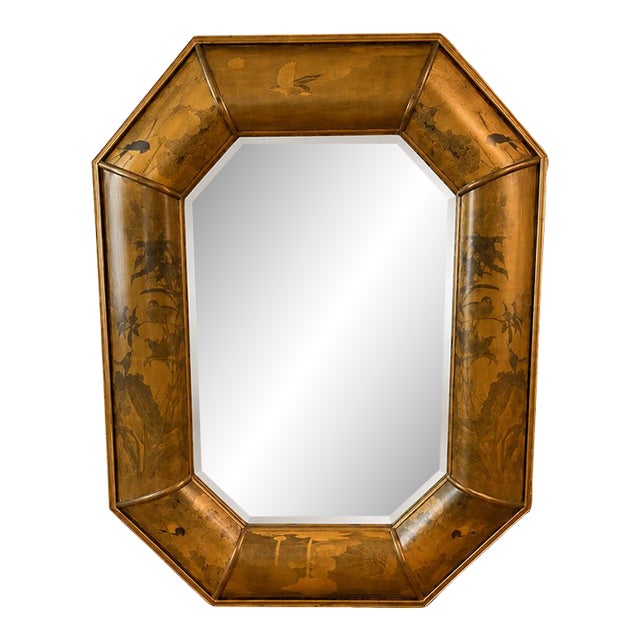 Large Vintage Chinoiserie Asian Gilt Octagonal Beveled Wall Mirror | Designer Scale | 50.5"h For Sale