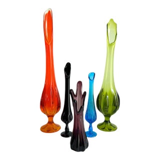 Mid Century Modern Swung Glass Vases Colorful Collection Persimmon Amethyst Bluenique Viking Le Smith Fenton For Sale