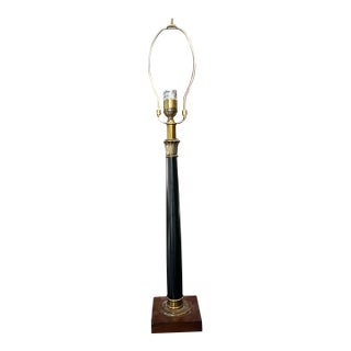 Vintage Tall Simple Black Table Lamp With a Wooden Base and Gold Details For Sale