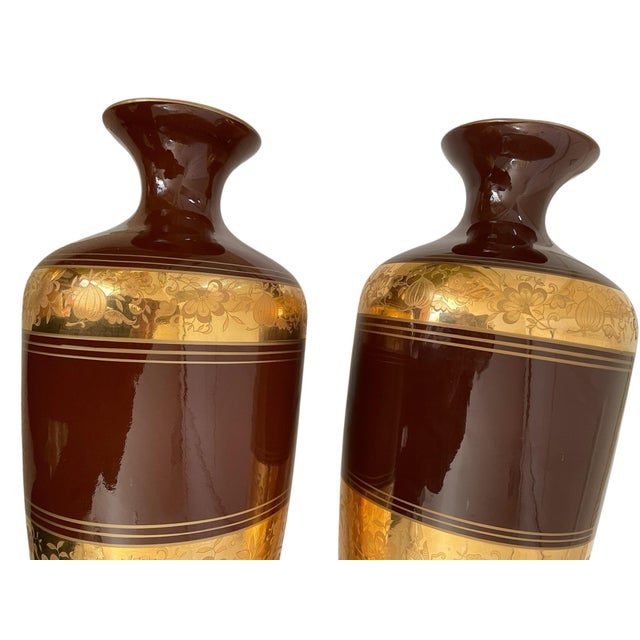 VTG Pair Ceramic Chocolate, Brown Gold Embossed Vase Lamps 32” For Sale In San Francisco - Image 6 of 10
