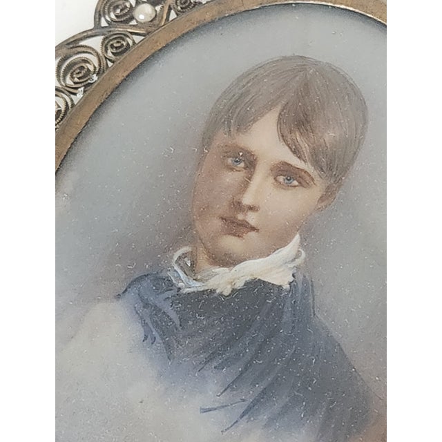 Victorian Antique Painting Portrait Encased in Fillagree Frame With Pearl Embellishments For Sale - Image 3 of 10