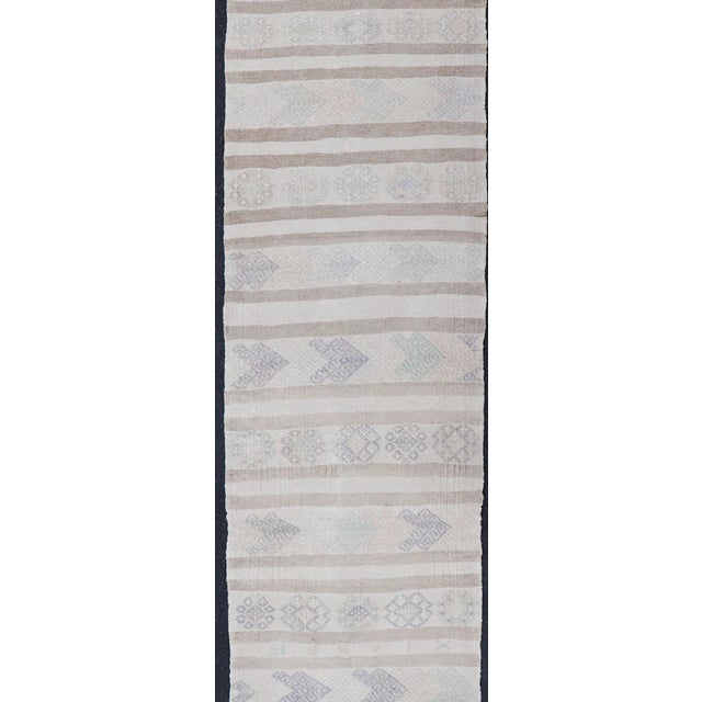 Measures: 2'0 x 13'3 Vintage Turkish Kilim Runner in Soft Gray and Beige Striped Design 2'0 x 13'3. Keivan Woven Arts /...