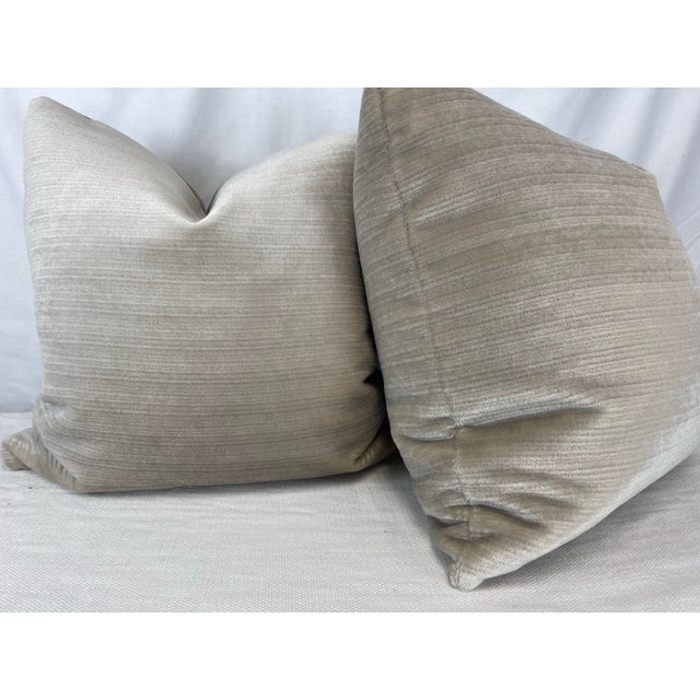 Custom pair of 22" pillows covered in Holly Hunt "Lucas Love" mohair in color natural state. These pillows have tapered...