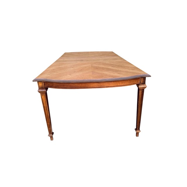 Vintage Refinished Walnut Chevron Veneer Extendable Dining Table With Two Leaves For Sale - Image 4 of 10