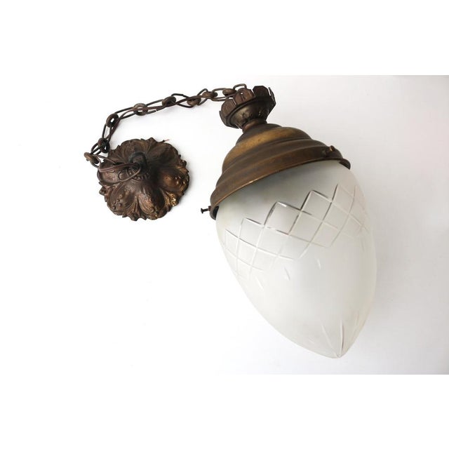 Antique French Teardrop Hall Lantern in Brass with Etched Frosted Glass, 1890s For Sale - Image 15 of 16
