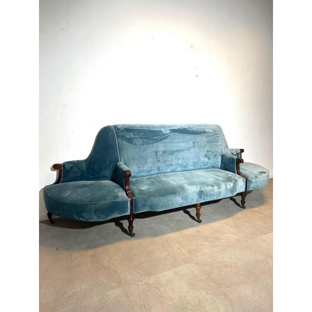 Antique Victorian Style Blue Velvet Sofa For Sale - Image 5 of 6
