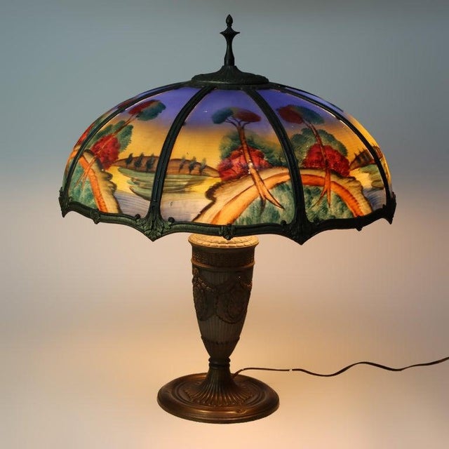 Oversized Antique Jefferson School Scenic Reverse Painted Table Lamp Unsigned C1900 Measures - 25" x 21" x 21" An...