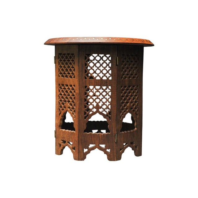 Antique Middle Eastern Circular Carved Table with Repetitive Brass Floral Patterns, 1890s For Sale - Image 6 of 8