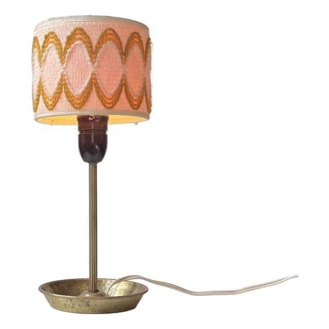 Vintage Hippie Table Lamp with Ashtray, Brass Base, & Wool Shade, 1970s For Sale