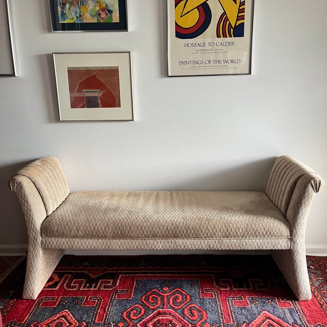 Fully Upholstered bench neutral elegant textured fabric Scroll arms has unique upholstered detail. Dimensions: 61"L x 20"D...