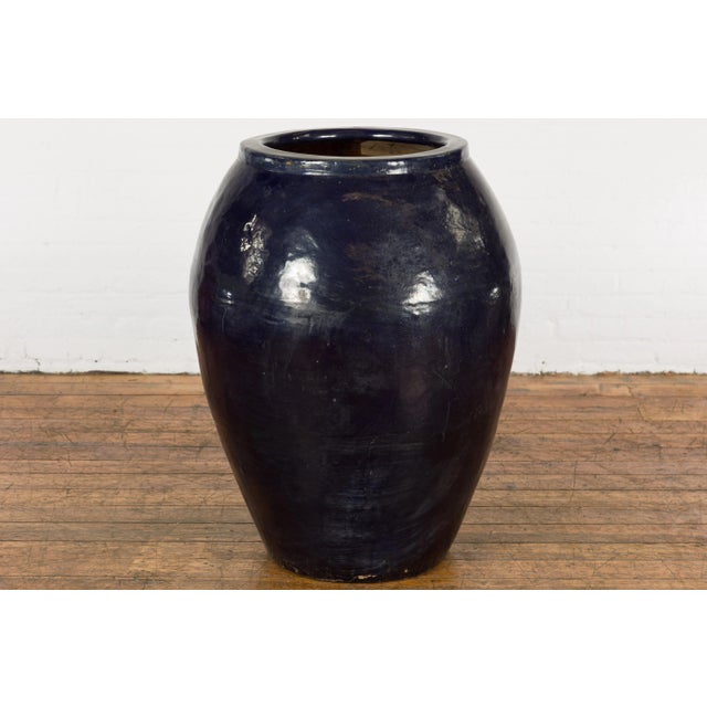 Blue Oversized Vintage Thai Midnight Blue Glazed Water Vessel with Tapering Lines For Sale - Image 8 of 13
