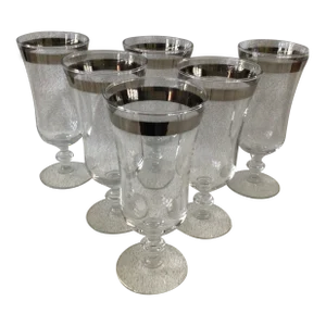Mid Century Modern Platinum Band Water/Wine/Parfait Footed Glasses-Set of 6