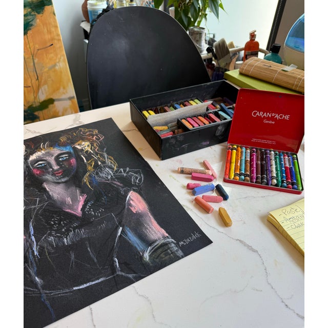 STEAM QUEEN is a pastel drawing on black pastel paper framed in an ornate gold frame. The drawing is 10x14. The framed...