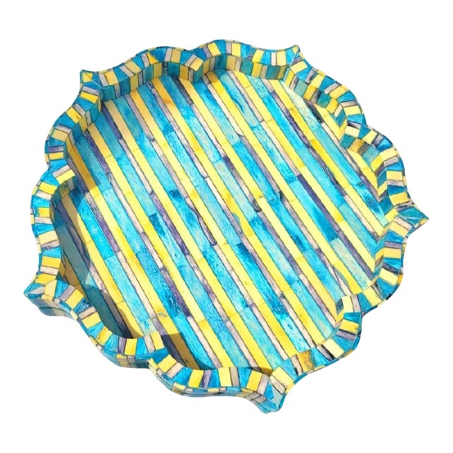 Uniquely Shaped Tesselated Blue Yellow Tile, Stone Decorative Serving Tray For Sale