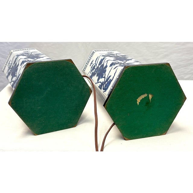 Vintage Mid Century Blue and White Ceramic Hexagon Shaped Table Lamps- A Pair For Sale - Image 13 of 17