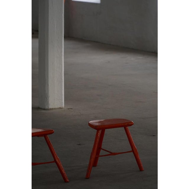 Wood Red Painted Wooden Stools with Splayed Legs, 1950s-1960s, Set of 2 For Sale - Image 7 of 18