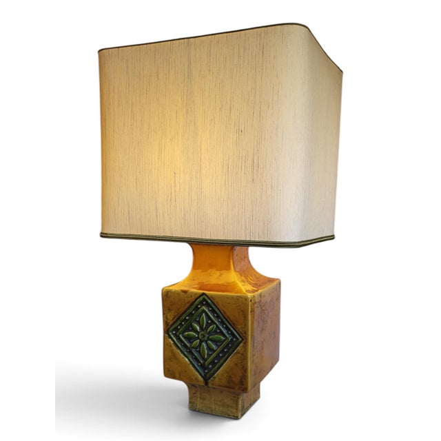 1960s Mustard Yellow Glazed Ceramic Lamp with Floral Diamond Pattern, Vallauris, France, 1960s For Sale - Image 5 of 13