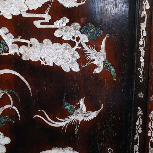 Wood Vintage Chinese Zitan Wood Wall Panel Set | Mother-of-Pearl Inlaid Pine & Crane Motif For Sale - Image 7 of 10