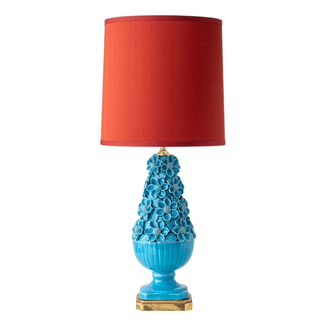 Hand-Carved Turquoise Floral Ceramic Table Lamp with Silk Lampshade from Manises, Spain, 1960s For Sale