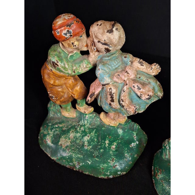 Antique Hubley 332 Cast Iron Kissing Dutch Kids Bookends Pair Original Paint 1920s For Sale In Boston - Image 6 of 17