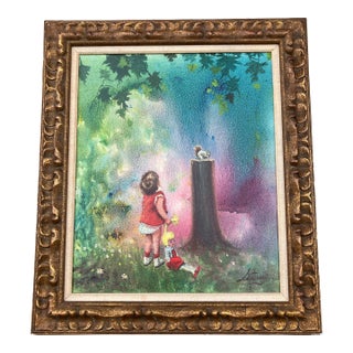 1950’s Original Mid Century Modern Impressionist Child With Doll & Squirrel in Landscape Painting Chunky Carved Wood Frame For Sale