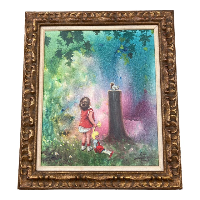 1950’s Original Mid Century Modern Impressionist Child With Doll & Squirrel in Landscape Painting Chunky Carved Wood Frame For Sale