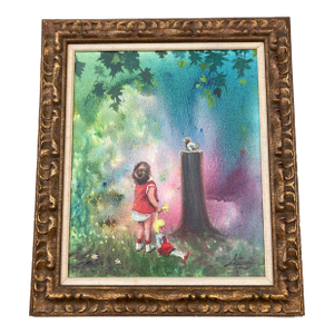1950’s Original Mid Century Modern Impressionist Child With Doll & Squirrel in Landscape Painting Chunky Carved Wood Frame