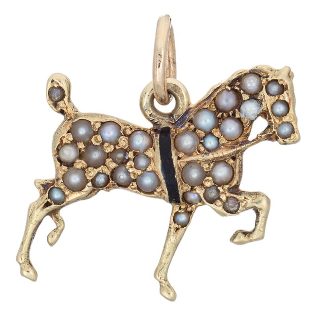 Antique Victorian Pave Pearl Horse Charm 14k Yellow Gold Animal Pendant Enamel For Sale