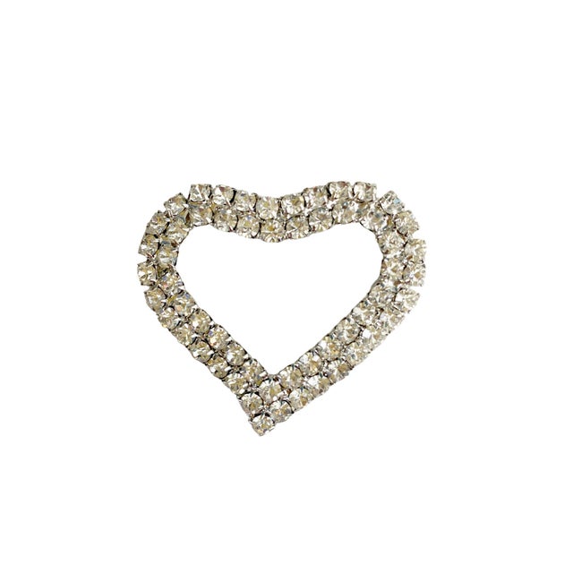 Boho Chic Vintage Clear Rhinestone Heart Brooch Pin Costume Jewelry Silver Toned For Sale - Image 3 of 5