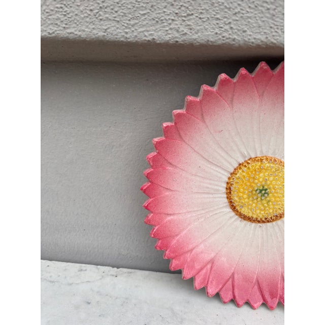 French Country 19th Century French Majolica Pink Daisy Plate Delphin Massier For Sale - Image 3 of 7