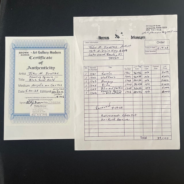 Metal John Frates “Floating Square in Blue and Gold” After Artist Rothko, Mid Century Modern, Large, Invoice With a Coa, 68x53x2 In. For Sale - Image 7 of 8